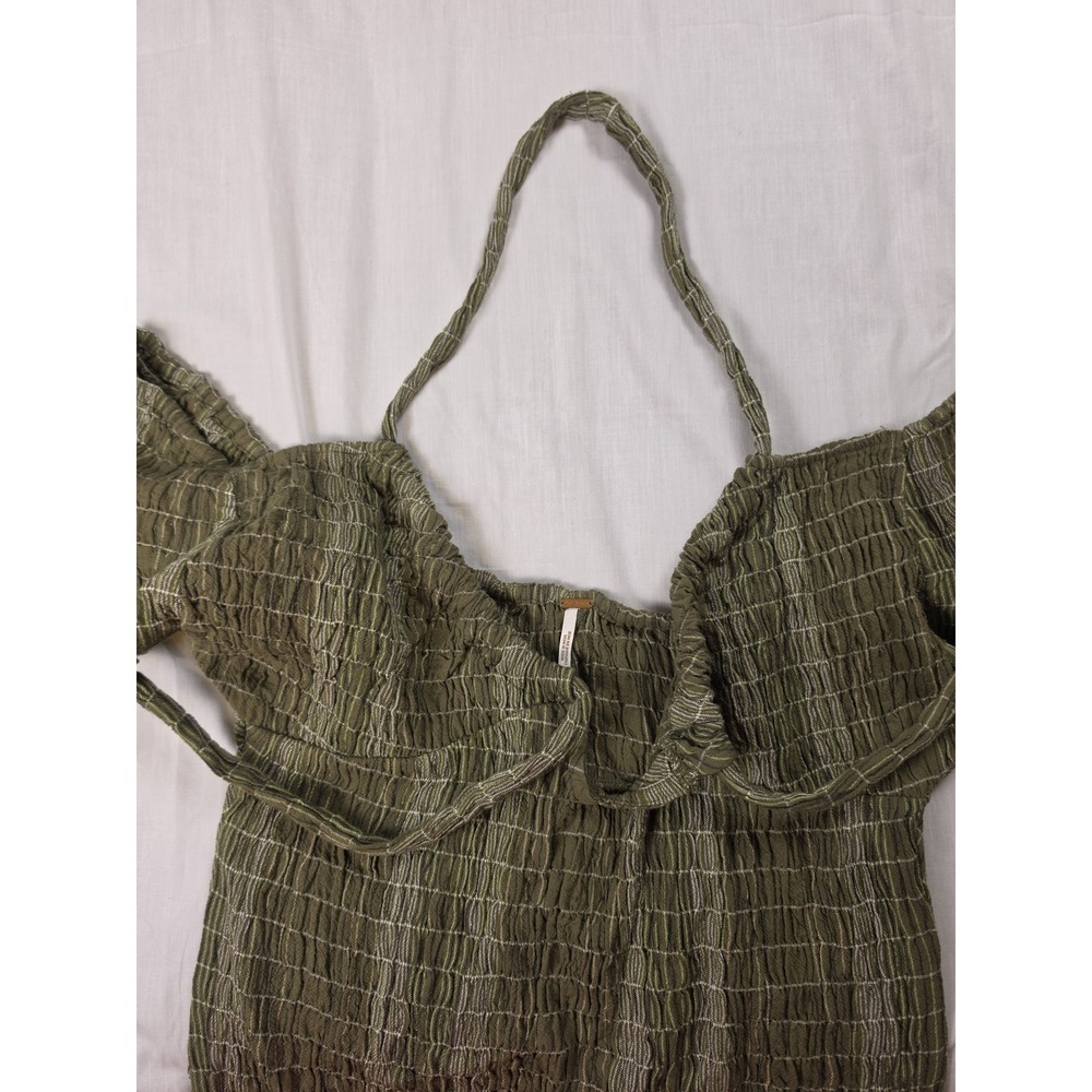 Free People Dress Womens Large Green Striped Smocked Halter Short Sundress